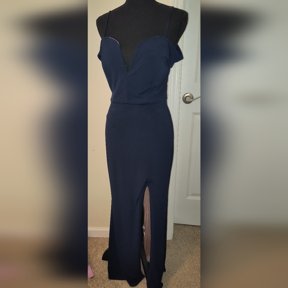 Windsor Off-Shoulder Deep Navy Blue dress with Peach Lining Size 7 - Picture 10 of 16